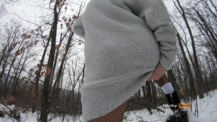 Nicky Mist: Sexy Winter Brunette Bunny Play Outdoor, It's Too Hot to...