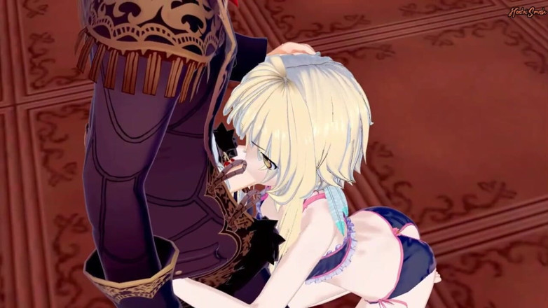 Hentai Smash: Lumine hace garganta profunda en la polla de Diluc, escupe...