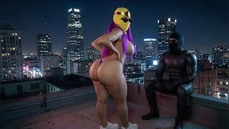 Animate golden: Superheroine molek berpantat besar twerking di atas bumbung