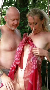 Old Man Fucks Skinny Blonde GILF with Saggy Tits in the Garden, Squirts and Gets Cum in Her Mouth