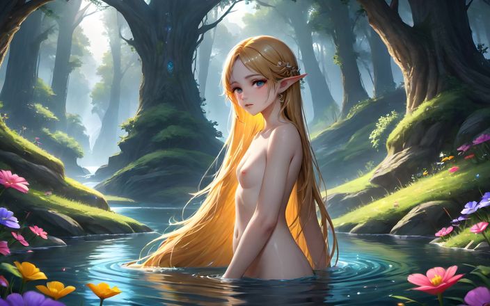 AI Girls: Fată Hentai Elf de 18 ani care pozează goală lângă râu,...