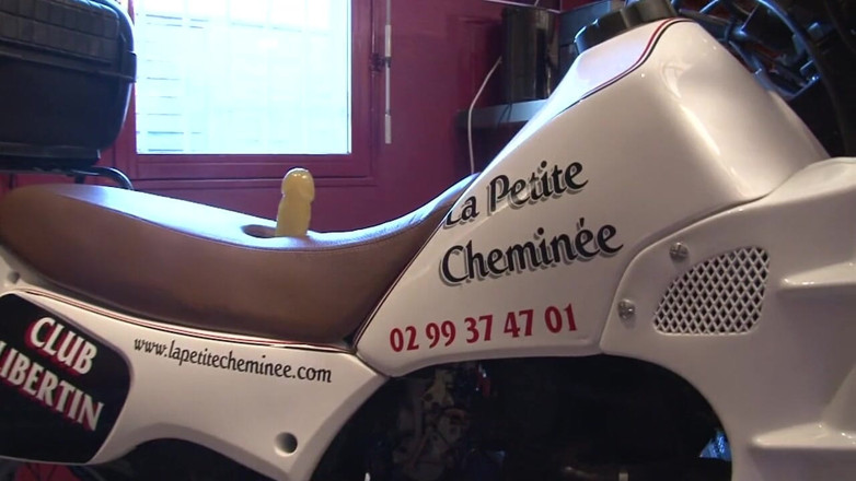 Nude in France: Skanky blonde rides motorcycle fucking machine