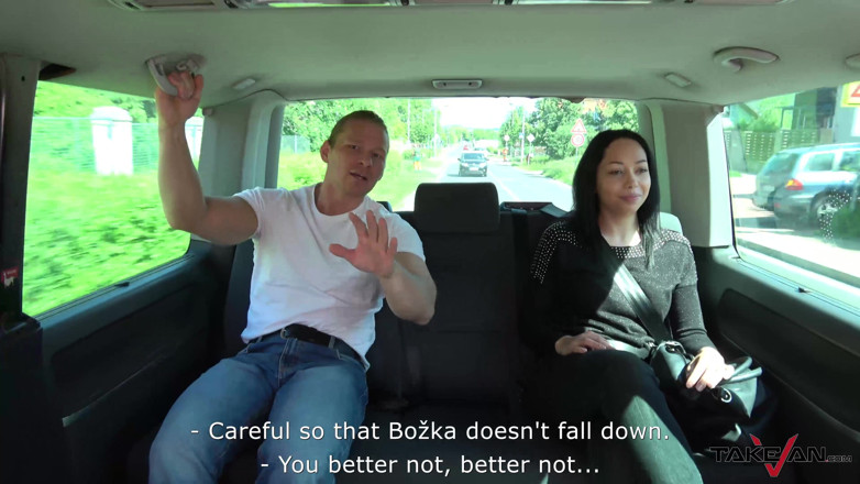 Take Van: Sad brunette celebrating life and fuck stranger in driving car
