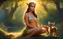 AI Girls: Beautiful Big Breasted Nude Elf Girl Cradling a Baby Deer...