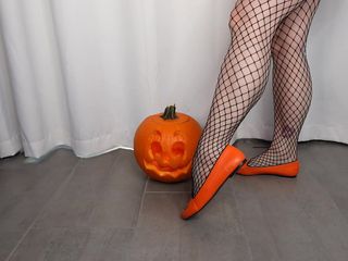 Deanna Deadly: Calf Muscle flex in fishnets-Halloween theme orange ballet flats