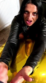 Shiny Inflatable Balloon Fetish. Leather Smoking, Spitting and Double Cum Licking