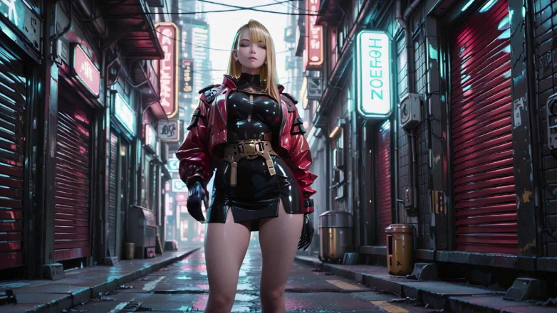 Seraphina Vale: Red Leather Jacket Glistening Under Neon Rain, Kneeling Pose That...