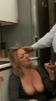 Horny blonde milf wife loves getting her pussy pounded by her husband while cooking dinner in the kitchen in the pots