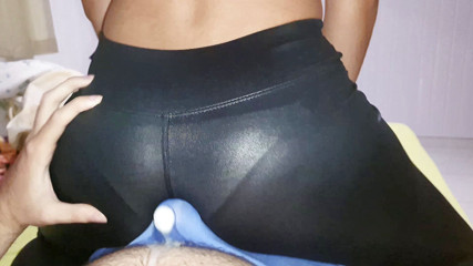 College-couple: Dry humping in a full leather outfit, leather leggings assjob...