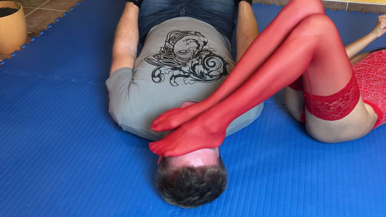 Mean Asian Wife: Red Pantyhose Foot Domination
