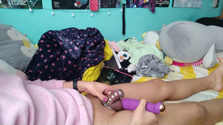 Crystal Phoenix: Sissy plays with chastity cage