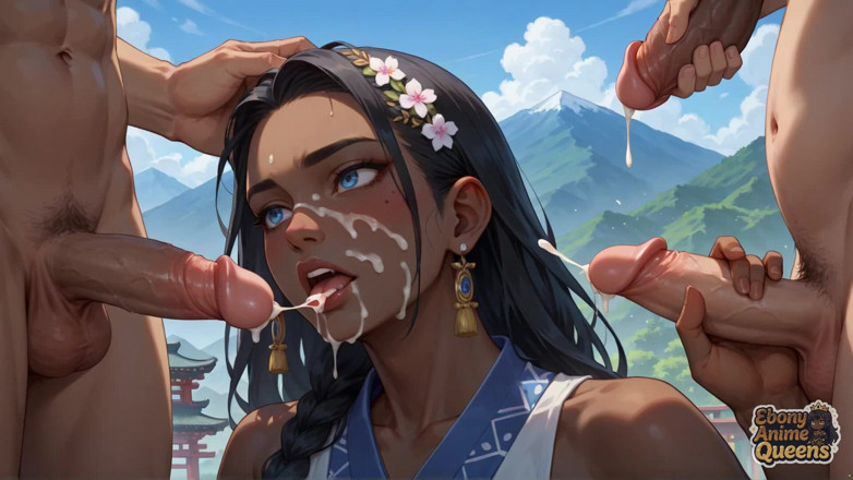 Ebony Anime Queens: Mouthwatering Queen Deep Throats Mountain Sky in Dark-hued Porno.