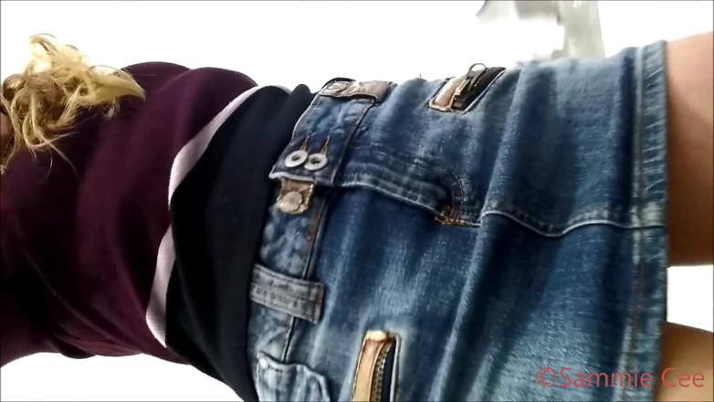 Sammie Cee: Urinal pee denim miniskirt no panties
