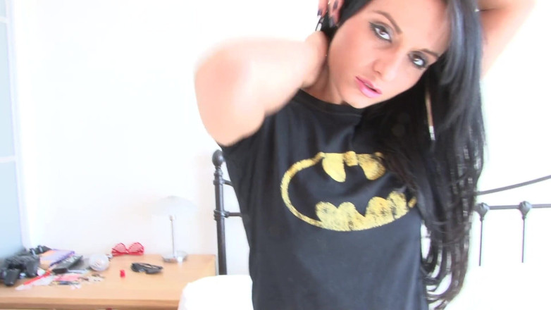 Lesbian Illusion: Hot brunette teen posing naked on the bed