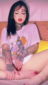 Tattooed Gothic Babe Blowjob and Handjob Tease with Triple Face Finish