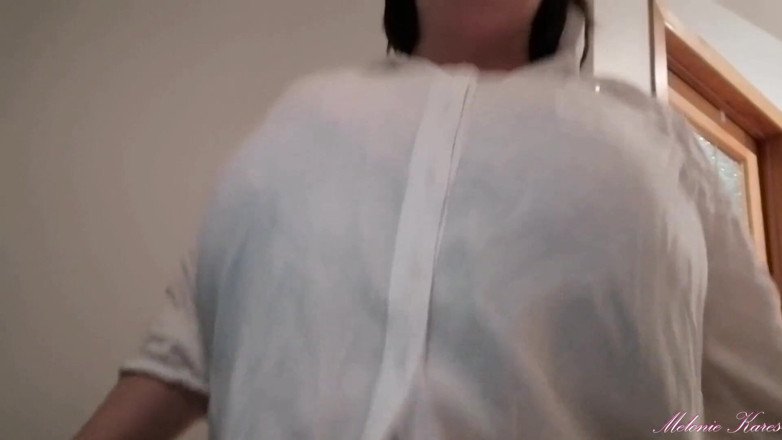 Melonie Kares: Blue bra blouse big boobs bounce
