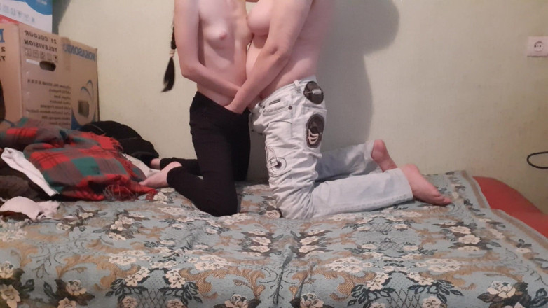 Lesbian-illusion: Stepmother and Stepdaughter's Hot Mutual Masturbation When No One Is...