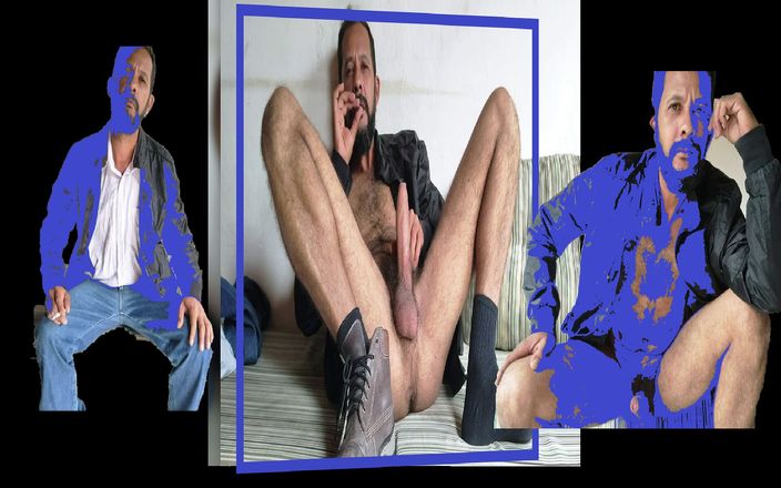 Hairy stink male: Smoking in blue jeans