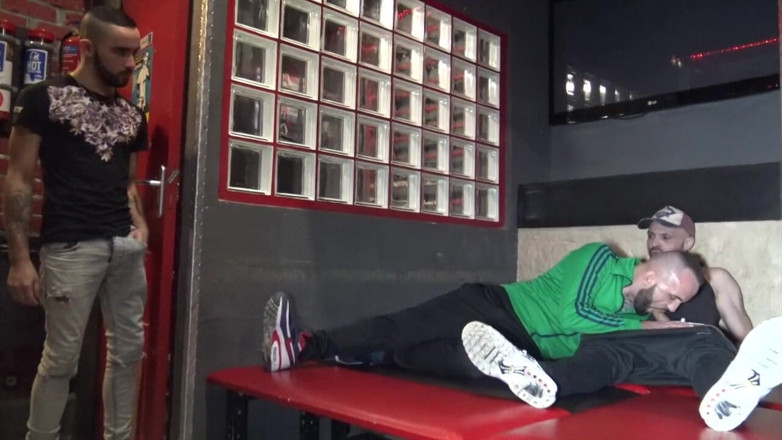 Gaybareback: Bottom fucked bareback by 2 scally boys in backroom