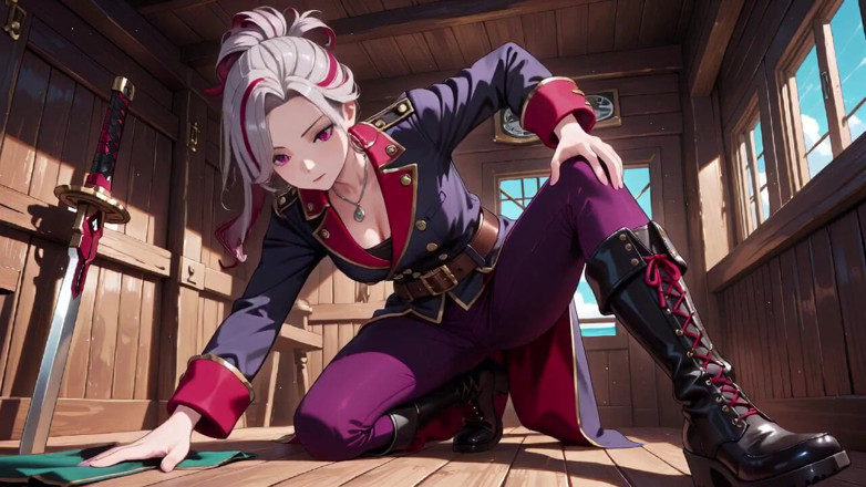 Tay Swift X: Silver-haired Pirate Queen! Sun-drenched Ship Cabin, Navy Uniform Slightly Damp,...