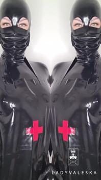 Cum eating for Lady Valeska's rubber clinic