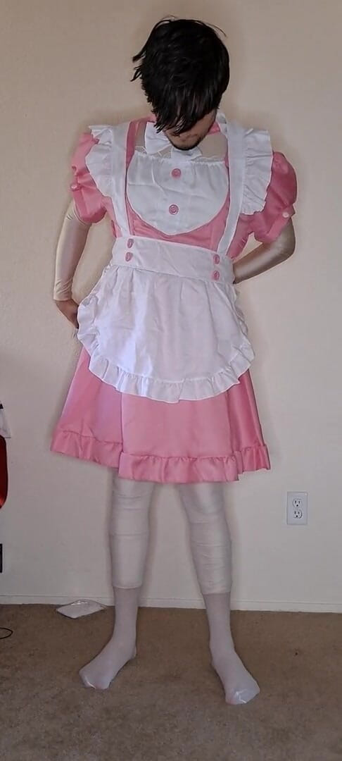 Pup Zentai: Pink spandex maid dress up
