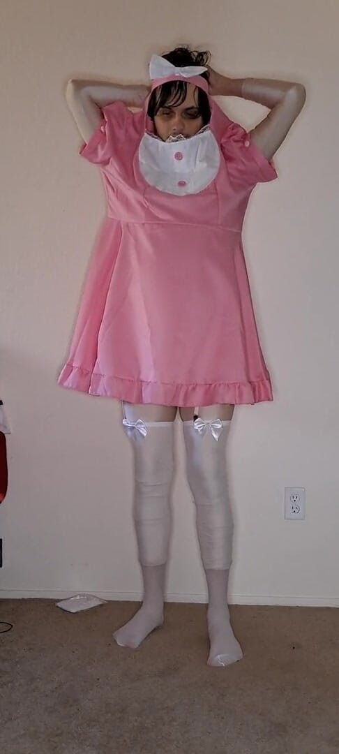 Pup Zentai: Pink spandex maid dress up
