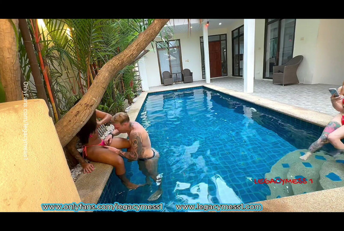 Legacy Mess: Behind the Scenes Threesome Outdoor Pool with Two Sexy Hung...