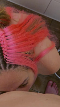 Pink Hair German Stepsister Give POV Blowjob to Boy After Caught in Shower