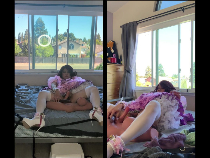 Sissy Candy: La cameriera sissy rosa di raso cavalca il giocattolo della...