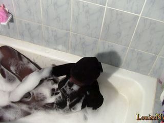 Louise Nylons: Sexy Louise, totally encased in pantyhose getting a bath