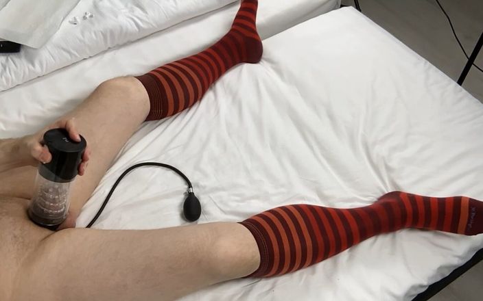 High quality socks: Fuck Machine, Infatable Butt Plug, Red Striped Burlington Knee-high-socks, Cumshot