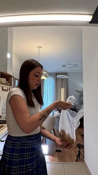 All Natural Big Tits Big Ass Hottest Brunette Babe in the Kitchen with a Short College Uniform Skirt Flashes Panties and Pussy