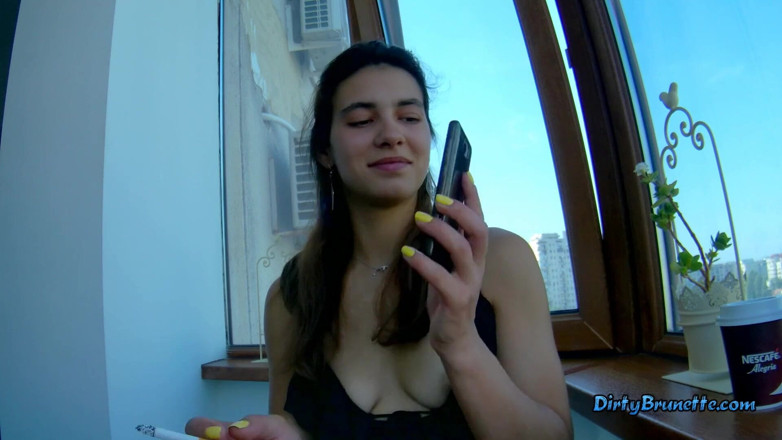 Dirty Brunette: Smoking and fingering on the balcony