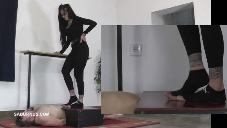 Sadurnus: Mistress Cleo in Puma Socks Trample His Slave to Orgasm...
