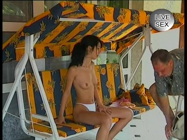 Horny Two really wet MILFs: Small tits brunette riding on the porch