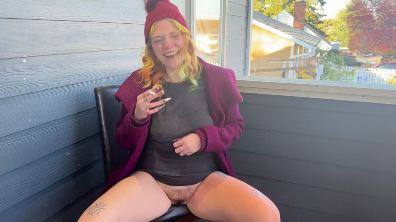 PNW Porn: Hairy Pussy Smoking on Front Porch