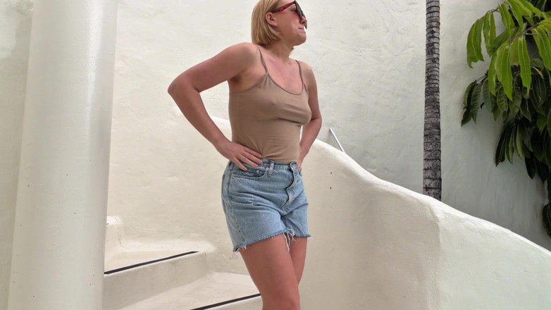 Emma Voyeur: Desperate Wetting Denim Shorts on the Terrace: Can't Hold It...