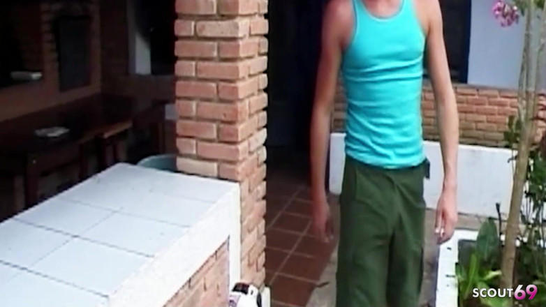 Shemale TS Collection: Blonde Big Tit Shemale Fucks Guys in the Ass Outdoors