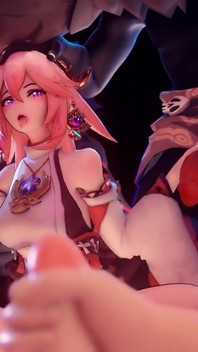 Yae Miko From Genshin Impact Enjoys 2 Hilichurl Cocks Gorou Masturbates While Watching Her 3D Sex