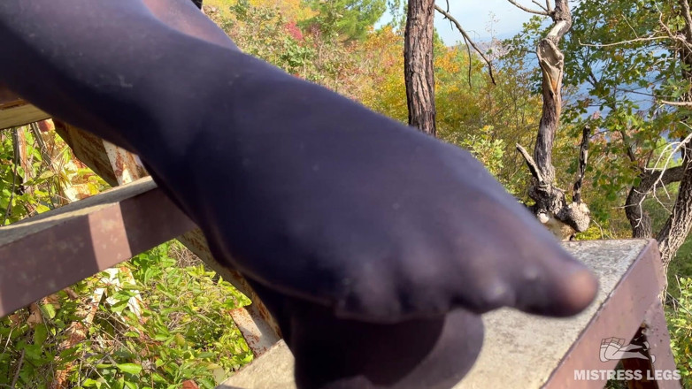 Mistress Legs: Black Pantyhose Feet Rubbing - Outdoor Nylon Soles Tease After the...