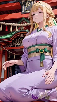 Blonde in Lavender! Kneeling Barefoot Under the Red Torii Gate, Her Andouf Fluttering in the Breeze