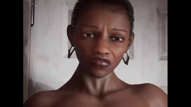 Denis animation: mörkhyad kvinna stora tuttar runda röv och smal tatoo man