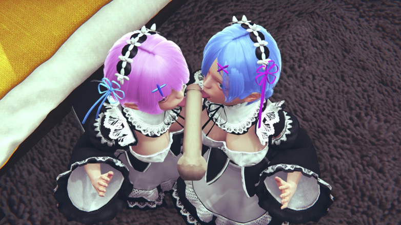 Waifu club 3D: Ram and Rem lick a big cock together