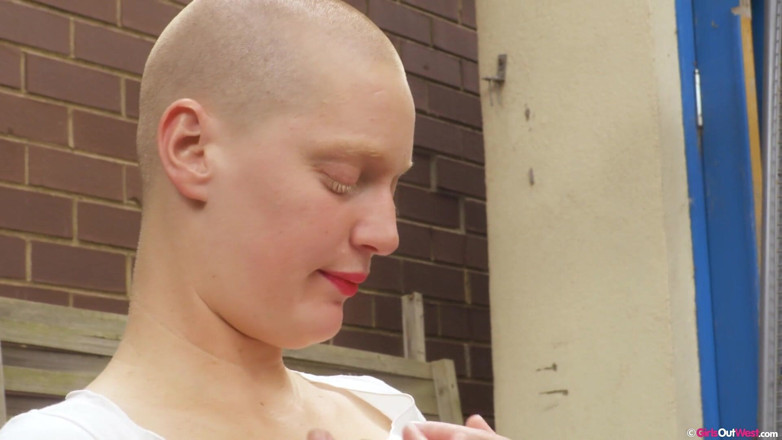 Girls Out West: Busty Bald Girl with Hairy Pussy and Armpits Masturbates Outdoors