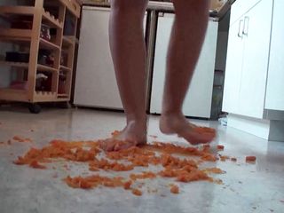Foot Girls: Close up of trampling food in the kitchen
