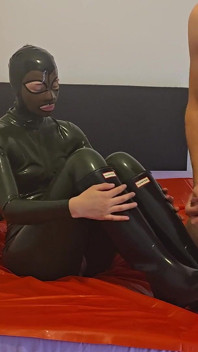 Beauiful Latex Girl with Rubber Boots and Latex Mask Hard Fucked and Cumshot Over Her Wellies