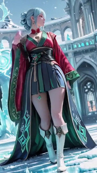 Ice Throne! Silver-haired Mage in Red-green Gown Kneeling, Blue-haired Partner Teasing in Snowy Realm!