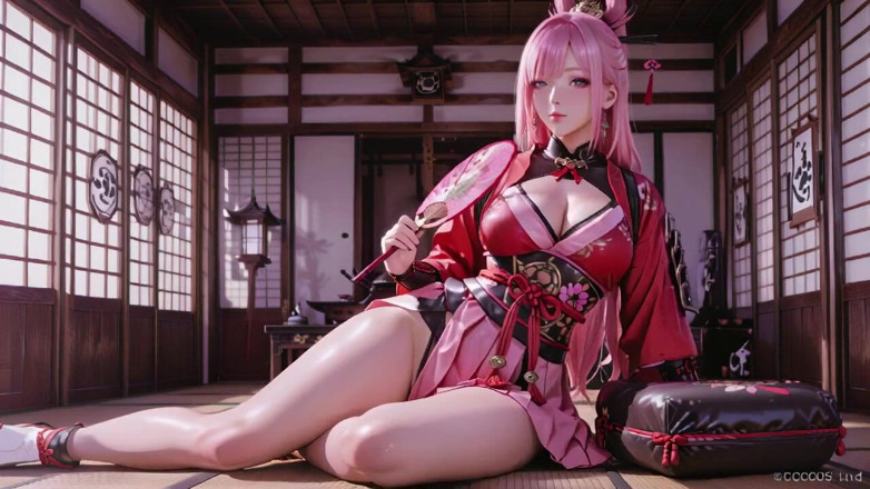 Seraphina Vale: Crimson Samurai! Pink-haired Warrior Kneeling on Tatami, High-slit Kimono Slipping...