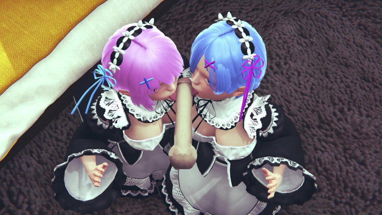 Waifu club 3D: Ram and Rem lick a big cock together